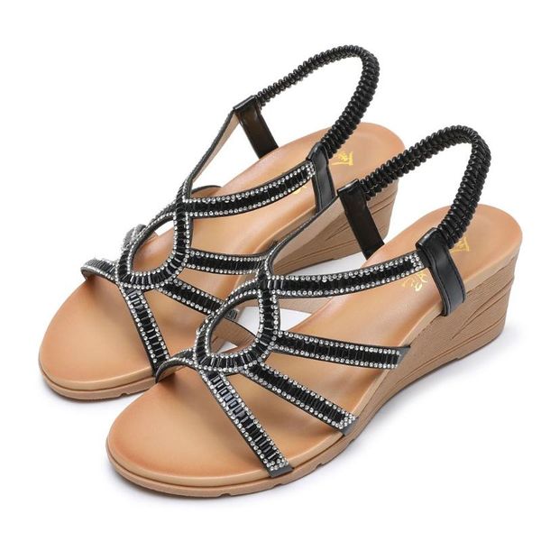 

2020 luxury woman wedges sandals crystal rhinestone beach sandals bajitas female comfortable work shoes koturny, Black