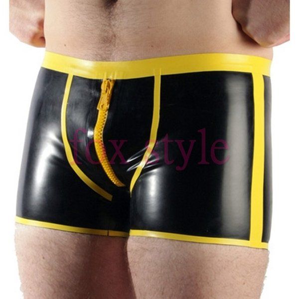 

latex fetish under garment short with front zip main black and yellow trim, Black;white