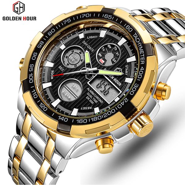 

goldenhour brand analog quartz watch men's sport watches men full steel clock waterproof male watch relogio masculino, Slivery;brown