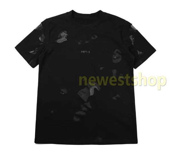 

20ss новый роскошный париж высокое качество черный большие сломанные отверстия печати футболка мода мужчины женщины черный письмо печати фут, White;black