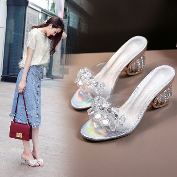 

2020 summer rhinestone sequin women slippers strange heels 8cm female word drag sandals ladies silver transparent crystal shoes, Black