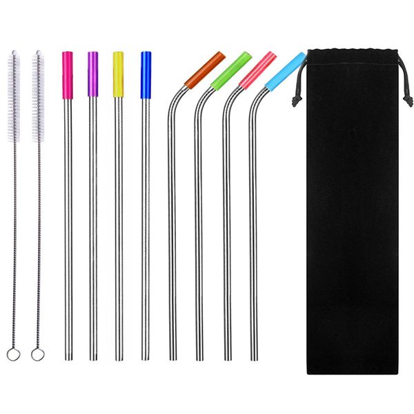 

reusable stainless steel drinking straws set with cleaning brush (4 bend + 4 straight + 2 brush 8 silicone cover