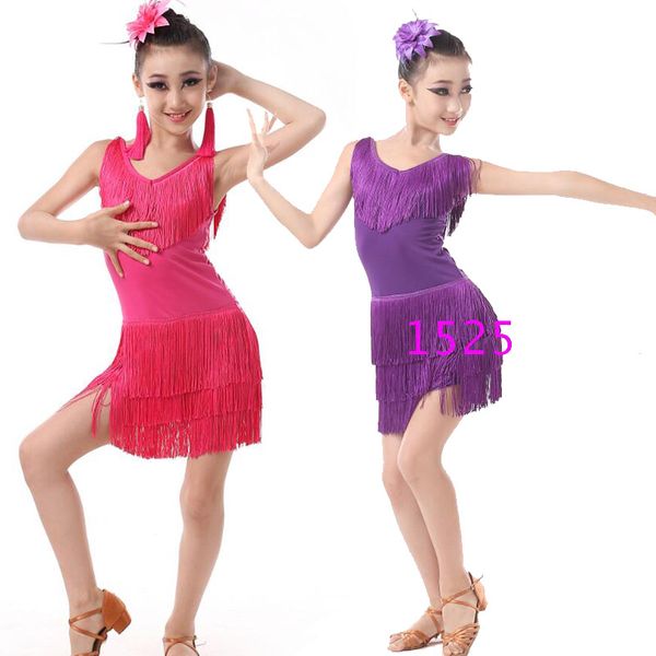 

stage wear children professional latin dancing clothes girls ballroom dress kids salsa tassels dancewear costumes, Black;red