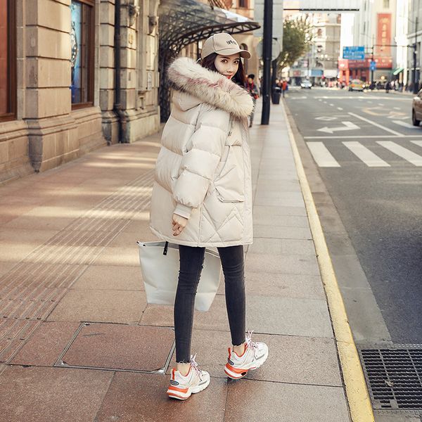 

down jacket women's 2019 new style winter fashion korean-style white duck down loose-fit mid-length large fur collar coat, Black;white