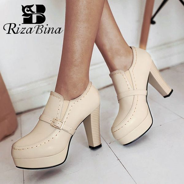 

rizabina big size 32-43 women fashion pumps buckle strap high heels platform round toe shoes for spring summer autumn, Black