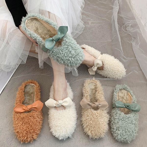 

loafers female shoes flock butterfly-knot plush slippers for adults luxury slides shose women 2019 fur designer flat basic, Black