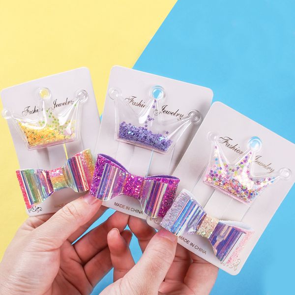 

2pcs/lot korean fashion children's hairpin headdress beautiful girl princess bowknot crown hair clip birthday gifts hair accessories, Slivery;white