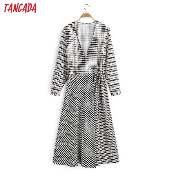 

tangada мода женщины плед печати пэчворк миди платье с длинным рукавом strethy талии дамы рабочее платье vestidos 2f01, Black;gray