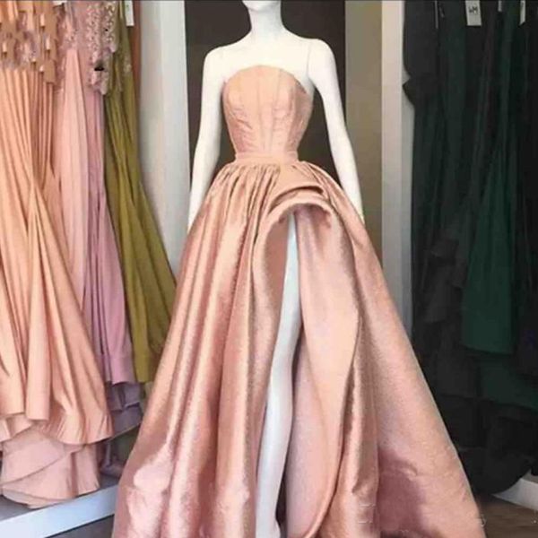 

Illusion Sheer Neck Ruffles High Split Prom Dresses Satin A Line Evening Gowns Floor Length Cocktail Party Gowns