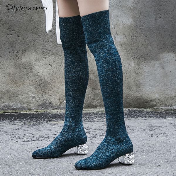 

stylesowner brand bling shoes women over the knee thigh high boots pearl thick high heel socks boots lady knitting stretch, Black