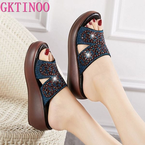 

gktinoo genuine leather slippers women's shoes summer platform sandals rhinestone casual wedges slippers slides, Black