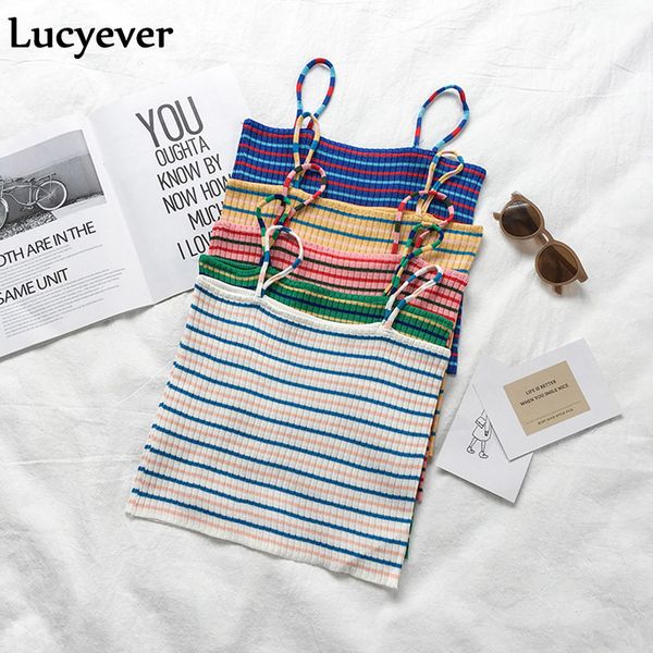 

lucyever summer women knitted camis tanks elegant striped pink white crop spaghetti strap female tight basic streetwear