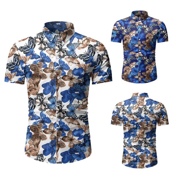 

бабочка печати мужские дизайнерские рубашки отложным воротником с коротким рукавом пляж homme топы однобортный повседневная мужская одежда, White;black