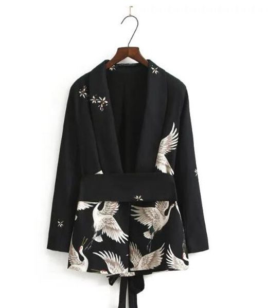 

chic cranes print sashes waist black blazer new woman shawl collar slim fit mid long suit jacket coat outerwear with belt, White;black