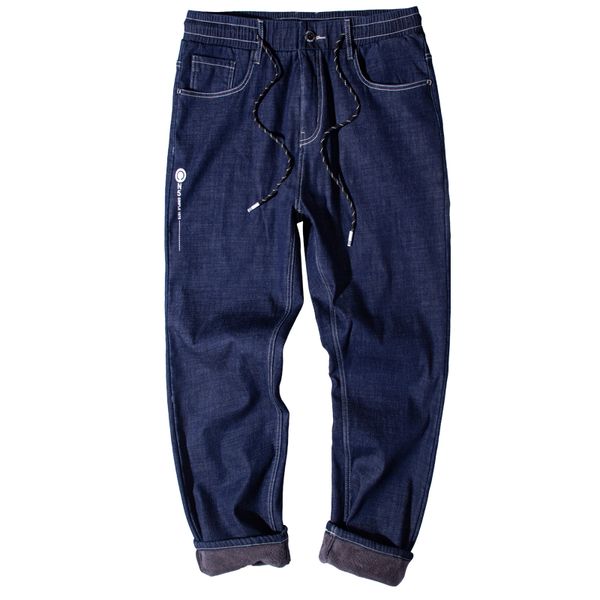 

2019 spring drawstring warm men fleece casual straight jeans stretch blue denim flannel soft pants trousers plus size 30-40-48