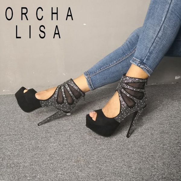 

orcha lisa 2020 spring summer bling gladiator sandals peep toe 15cm thin high heels zipper glitter plus size 35-47 leisure c1768, Black