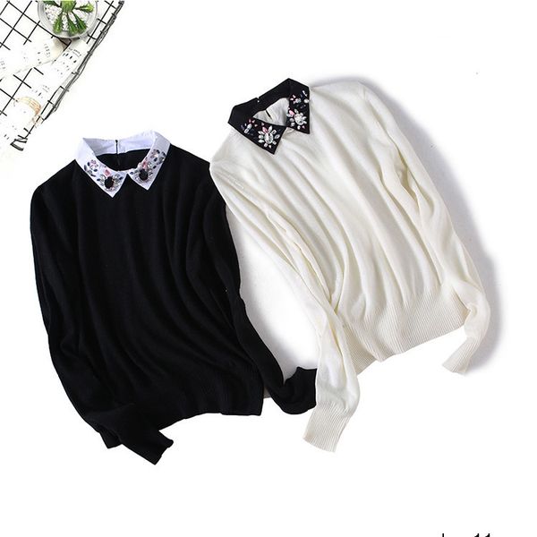 

womens designer sweater season temperament elegant and exquisite diamond contrast small lapel long sleeve pullover sweater xast, White;black