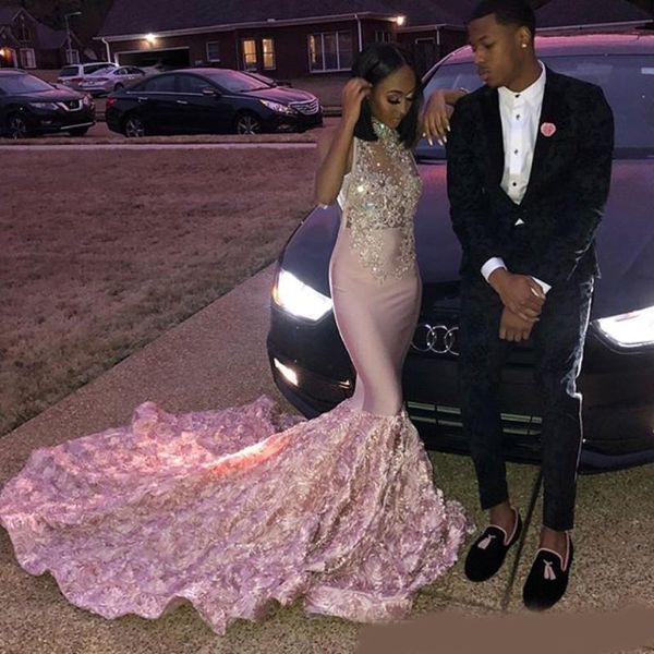 

lace applique crystal beads high neck mermaid prom dresses sleeveless 3d rose train evening gown robe de soiree graduation prom gowns, Black