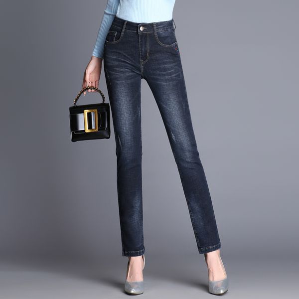 

new loose slim fit straight jeans store women high waist large jeans plus size stretch was thin fat straight pants trousers, Blue
