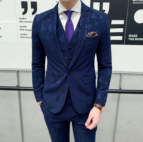 

mens suits designers 2019 bee embroidery costume homme 3 piece formal dinner dress gentleman elegant suit blue vestito uomo, White;black