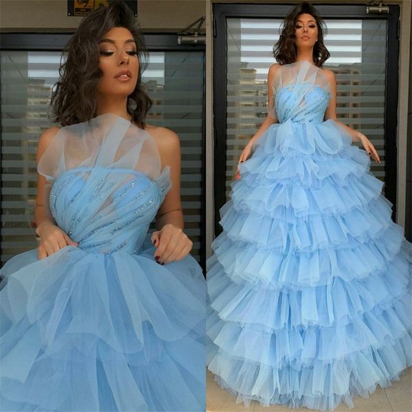 

light sky blue a-line evening dresses strapless sleeveless sequins formal party dress tiered tulle sweep train elegant pageant gown, Black;red
