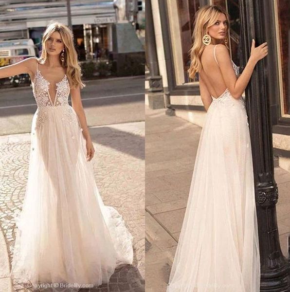 

bohemian lace backless beach wedding dresses 2020 deep v neck appliques bridal gown long tulle vestido de novia bm1609, White