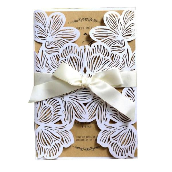 

50 pieces white laser cutting invitation card with ribbon, greeting card birthday invitation business