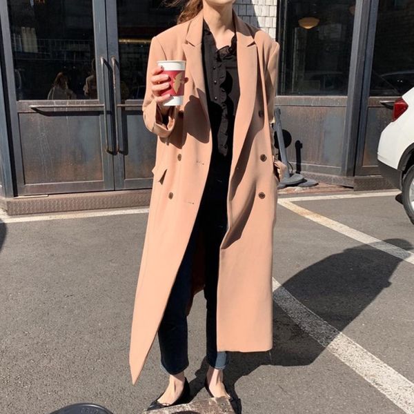 

ladies windbreaker autumn full sleeve turn down collar button solid color korean vintage casual women long trench coat outwear, Tan;black