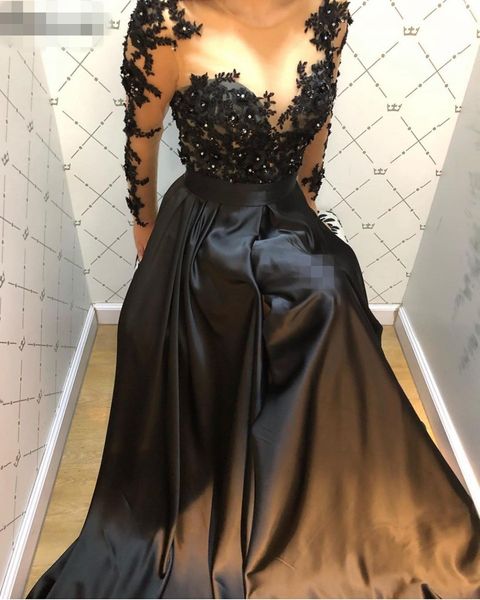 Elegant A-Line mit langen Ärmeln Abendkleider 2020 schierer Ansatz Schwarz-formalen Kleid-handgemachte Blumen-Kristall-Satin-Spitze-Frauen Abendkleider