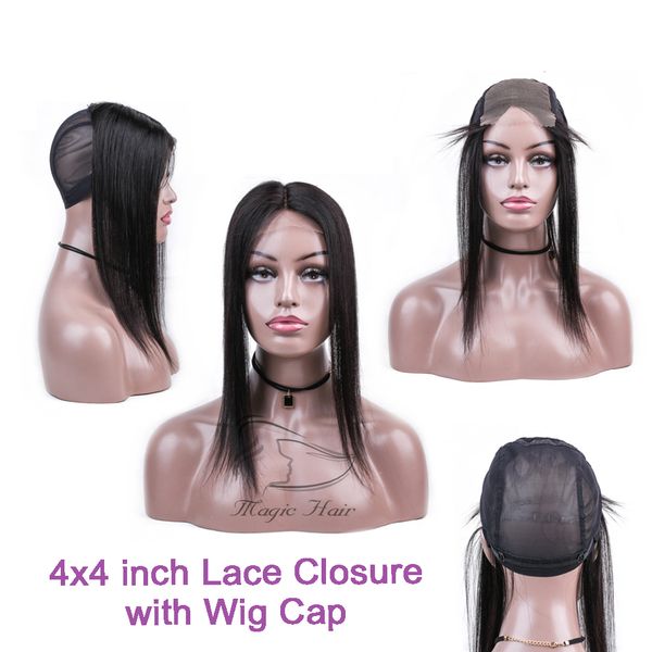 Perruque Lace Closure brésilienne 100% naturelle lisse, cheveux lisses, couleur naturelle, 4x4 pouces, avec bonnet de perruque, partie centrale