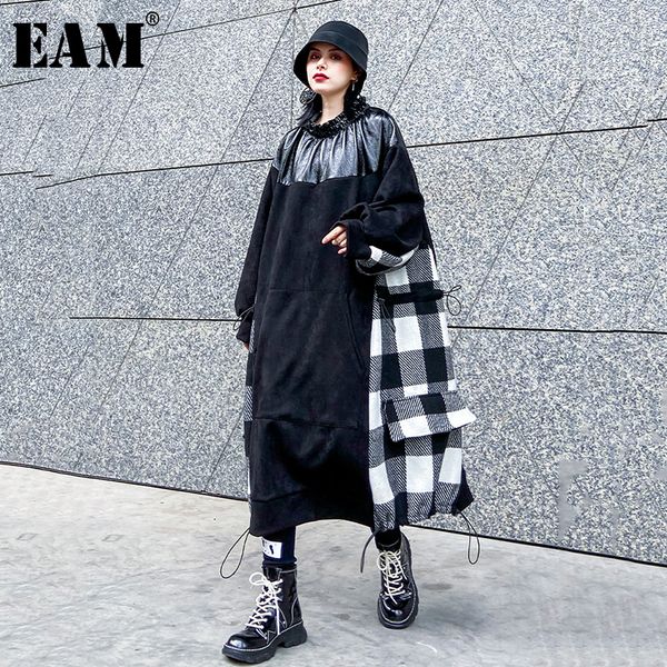 

eam] женщины черный плед сплит большой размер платье новый шею с длинным рукавом свободный покрой мода прилив весна осень 2019 19a-a840, Black;gray