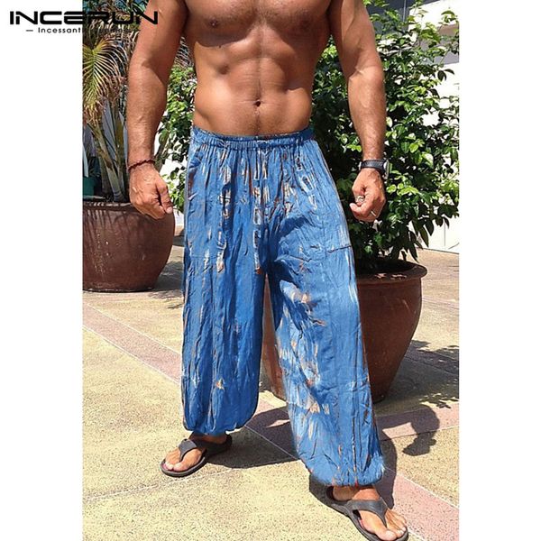 

incerun baggy wide legs pants men casual pants loose tie dye print elastic waist joggers trousers dance male clothing sweatpants, Black