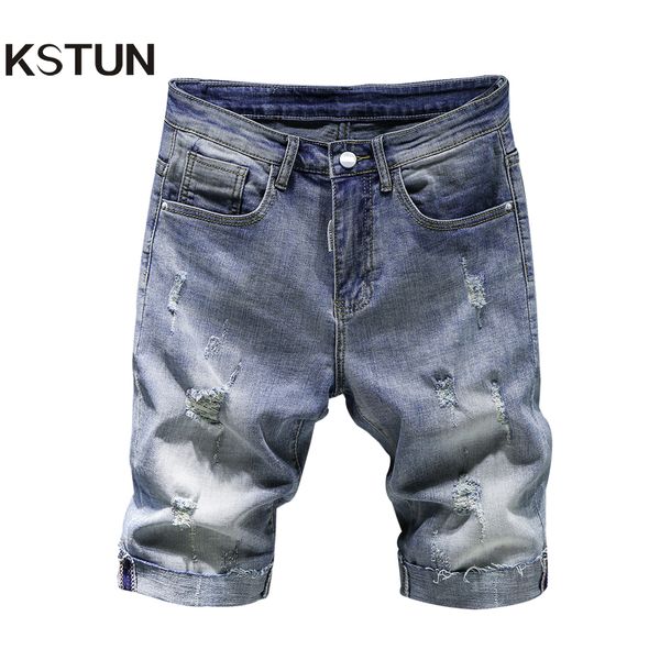 

kstun jeans men summer shorts ripped high quality cotton stretchy cuffs biker jeans short man hip hop denim pants big size 38, Blue