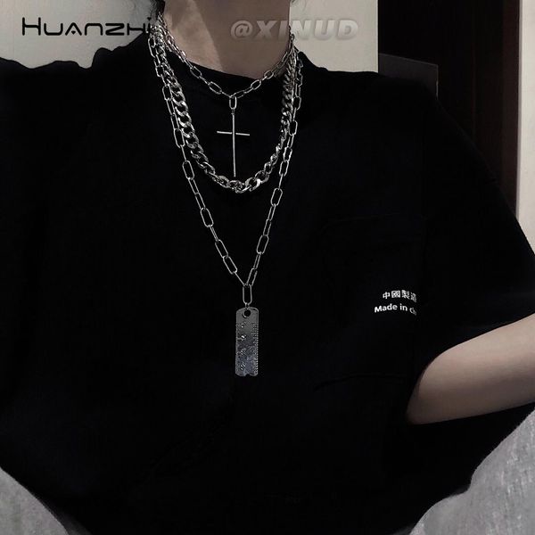 

huanzhi vintage cross short ruler pendant silver color metal multi-layer punk long chain necklaces for women party jewelry