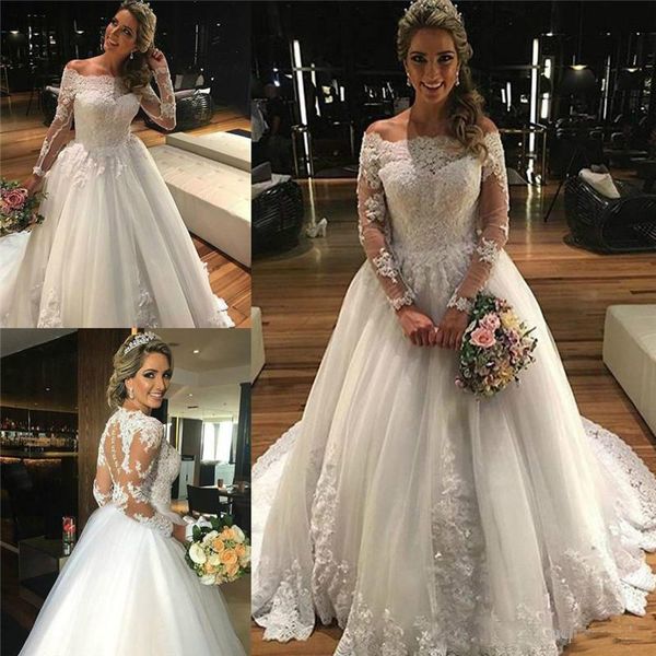 

Off the Shoulder Wedding Dresses Long Sleeves A-ine Lace Appliques Bridal Gowns Illusion Back Plus Size Wedding Gowns Custom Made