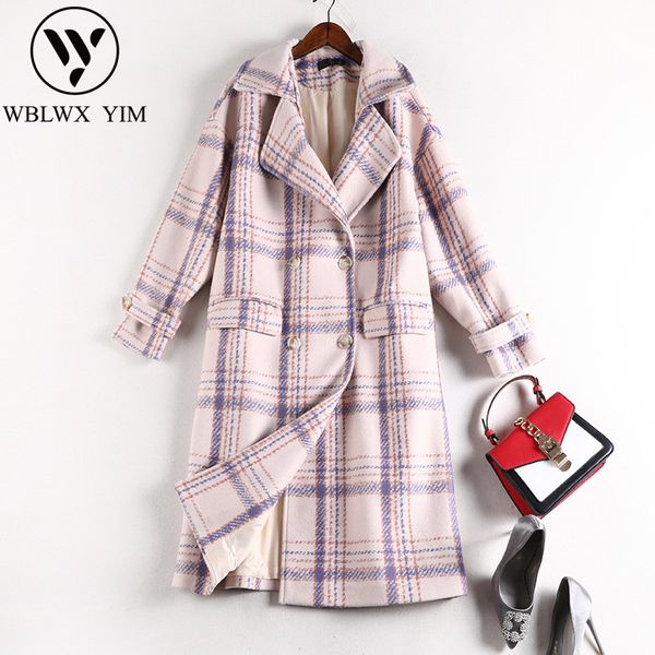 

winter wool coat women fashion double breasted warm long coat vintage plaid wool blend female elegant loose plus size coats, Black