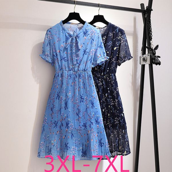 

2019 summer plus size long dress for women large short sleeve casual elastic waist floral pleated dresses blue 4xl 5xl 6xl 7xl, Black;gray