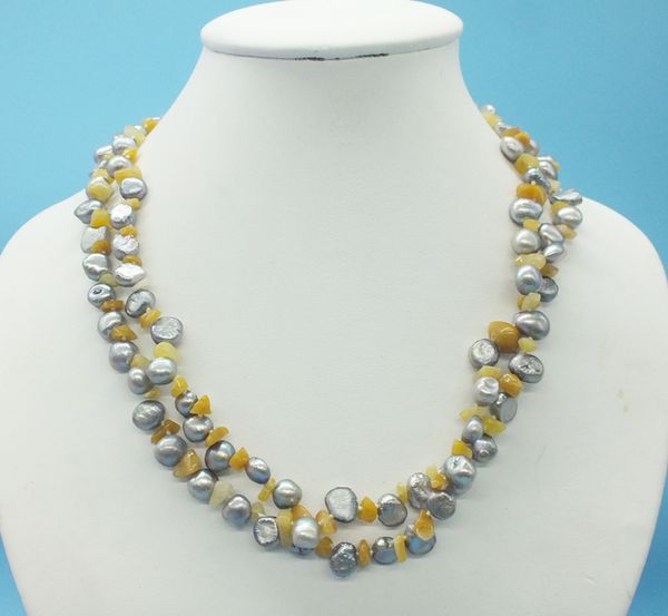 

classic pearl necklace. 2 rows of gray baroque pearls and semi-precious stones. ladies' prom the most beautiful necklace 19, Golden;silver