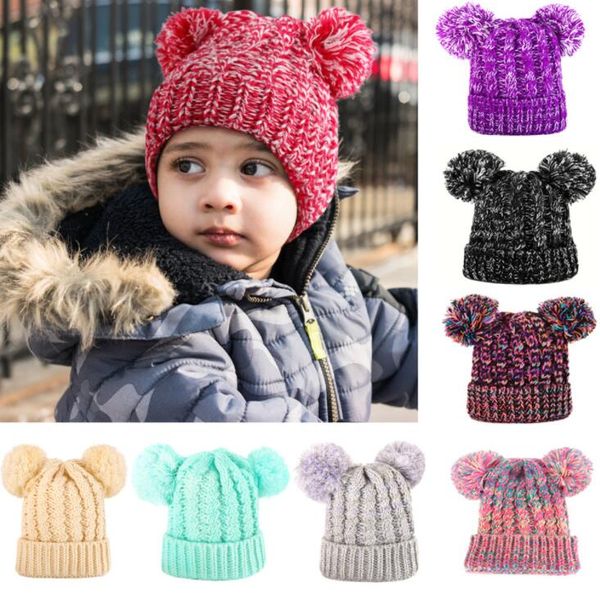 

beanie hat шерстяной pure color winter twist double pom pom шерсть вязаная шапочка для 1-8 years old, Blue;gray