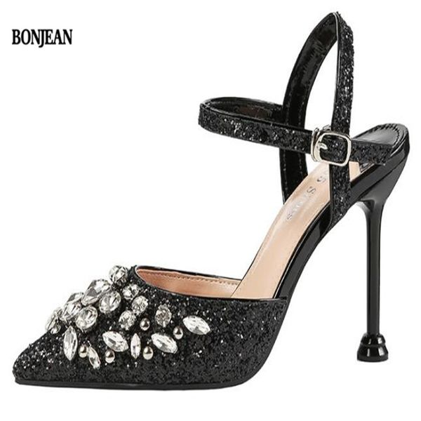 

2019 new pointed shallow mouth high heels nightclub slim sequin sandals fine with rhinestone temperament women's shoes free, Black