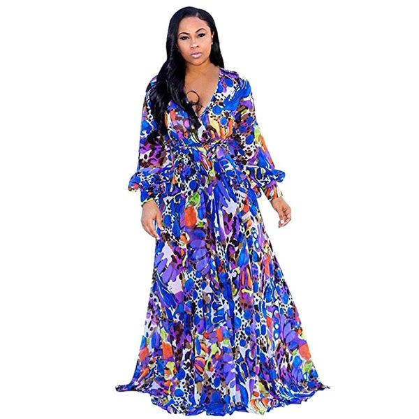 

2019 fashion womens stylish chiffon v-neck printed floral maxi dress with waisted belt plus vintage vestidos robe femme, Black;gray