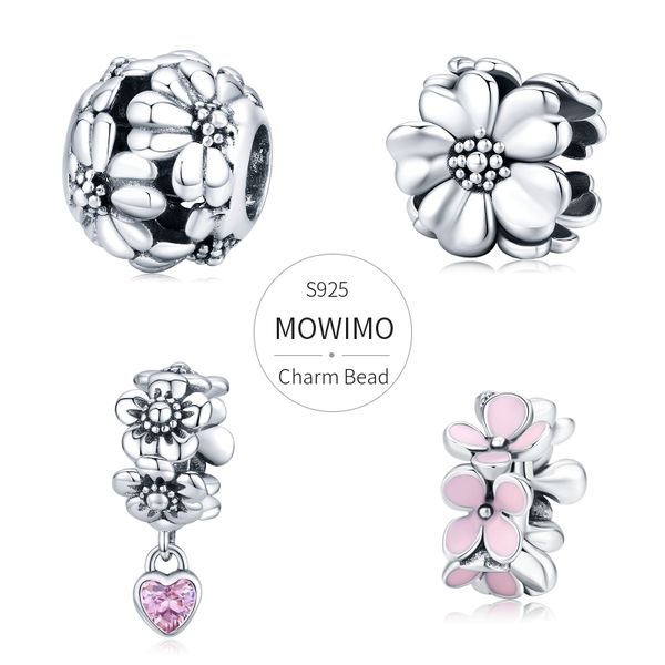 

mowimo pink flower charms 100% 925 sterling silver blossom flower beads fit original bracelet pendant for women necklace jewelry, Blue;slivery
