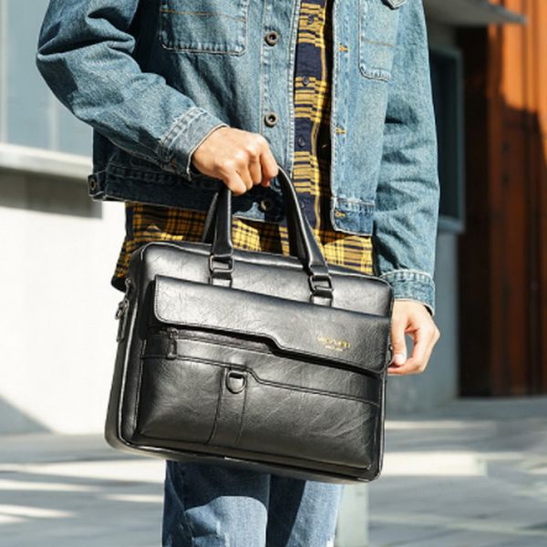 

men's retro solid color horizontal section handbag large capacity leather business lappu briefcase2020