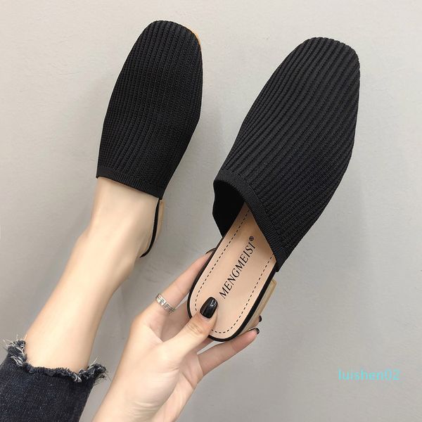 

sagace summer baotou half slippers woven fashion low-heeled women's slippers simple wild hollow half flat wear l02, Black