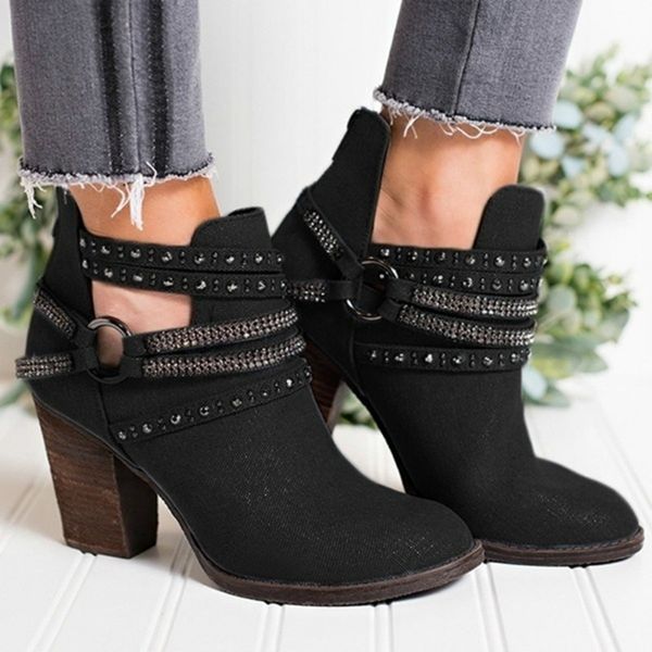 

monerffi 2019 new buckle motorcycle british style boots punk low heel ankle boot winter women shoe plus size mx200508, Black