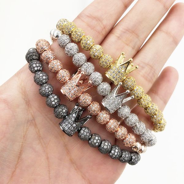 

men women jewelry cubic micro crown charm bracelet pave cz rope chain 5mm round copper bead braided macrame bracelet, Black