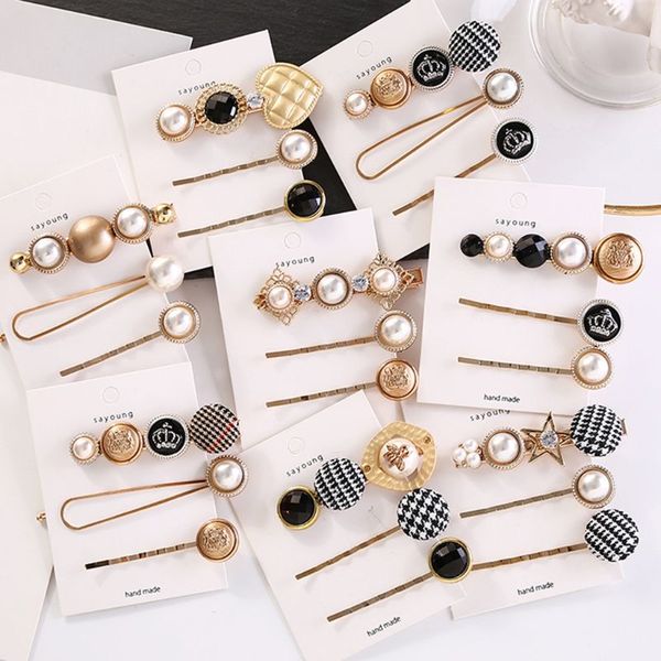 

3pcs/set japanese style girls metal alloy straight hairpins faux pearl rhinestone houndstooth button luxury hair clip barrettes, Golden;silver
