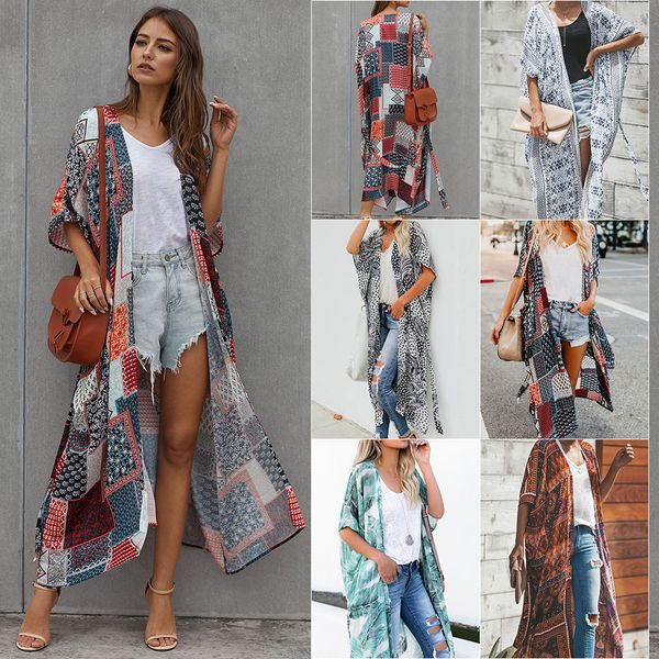 

summer swimsuit hawaii seaside holiday printing tassel kimono blouse cardigan medium long beach sun protection coat female, White;black
