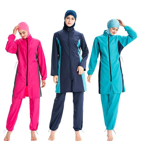 

2019 muslim women swimwear hijab modest swimsuit islamic full cover beachwear burkini arab bathing suits 3pcs sets conservative, Red