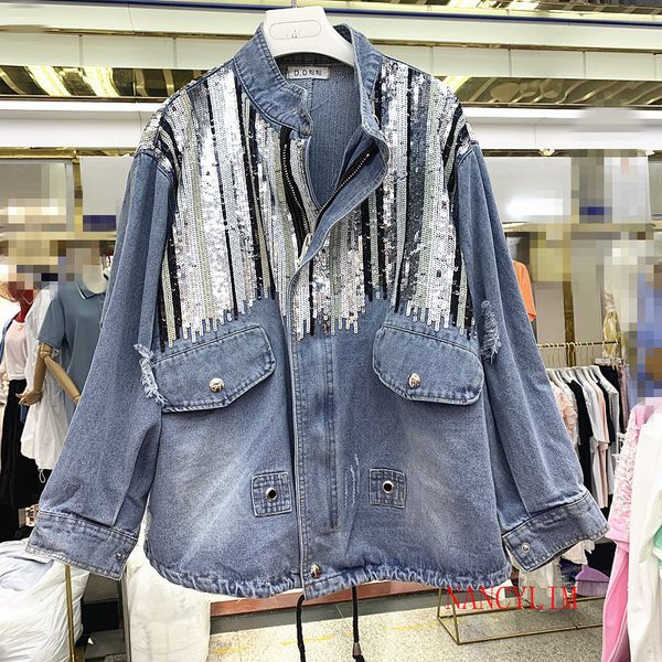 

2019 spring autumn new cowboy jacket women's korean version loose heavy industry sequins retro pull rope jeans coat jackets top, Black;brown